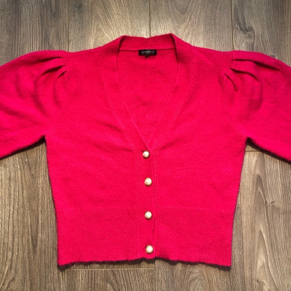 Dynamite Vibrant Fuchsia Puff Sleeve Cardigan - Picture 7 of 17